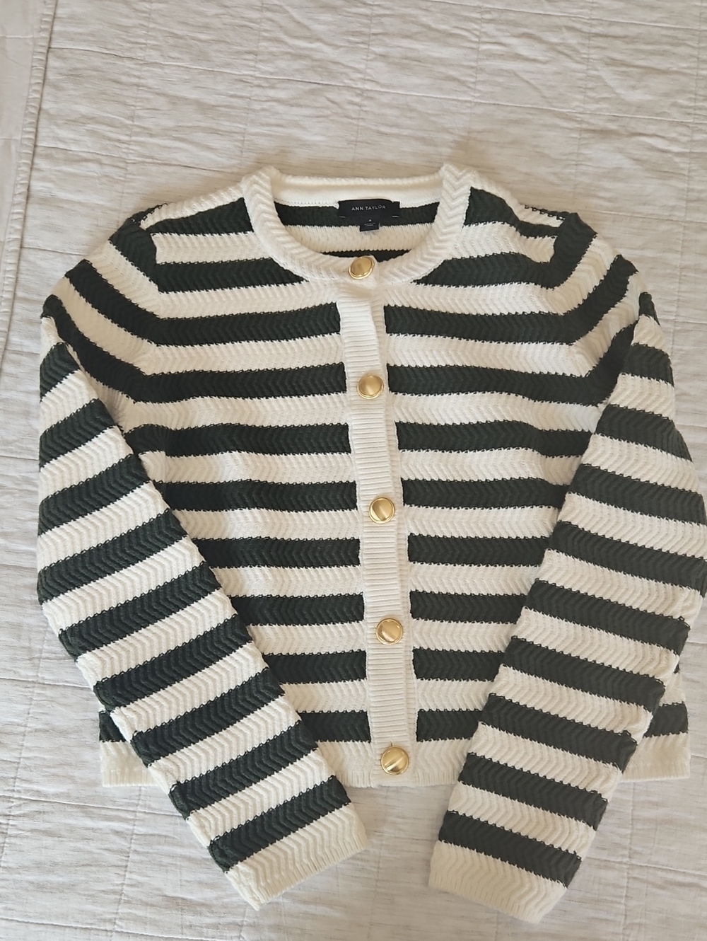 Ann Taylor Cream and Green Striped Button Cardigan